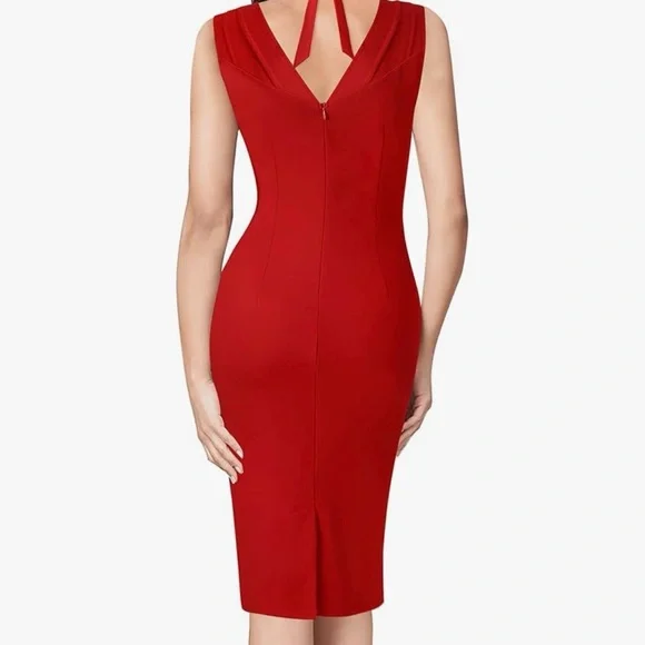 Red Halter V Neck Cocktail Dress - Picture 2 of 5